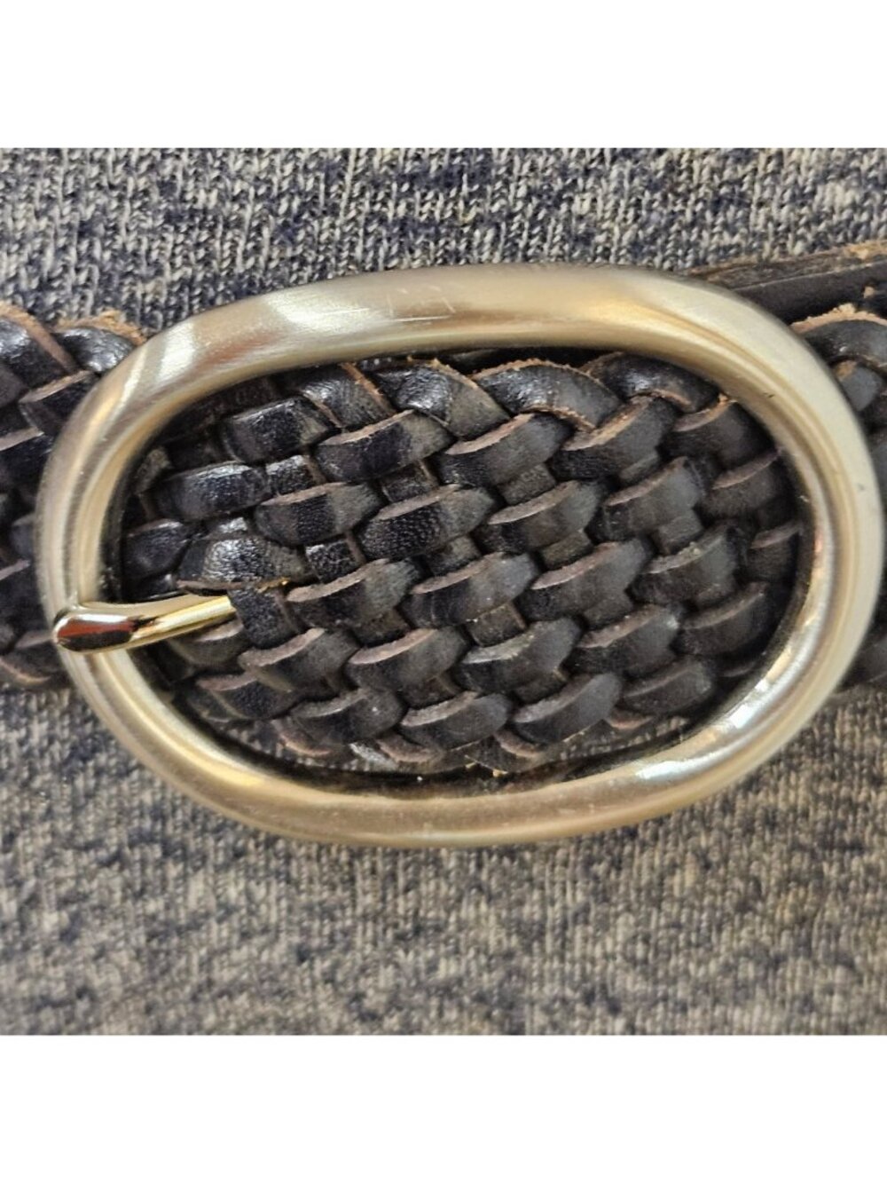 Talbots Braided Woven Belt Womens L Black Leather No Holes Loop Ring Buckle Boho - Picture 2 of 8